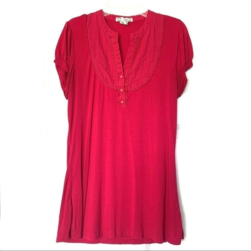 6 Degrees Deep Pink Red Short Sleeve Shirt Blouse Button V-Neck size Large